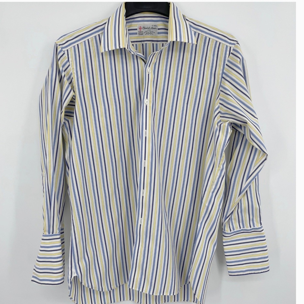 Turnbull & Asser Shirt Mens 17 43 Blue Yellow Cotton Striped Luxury Made England
